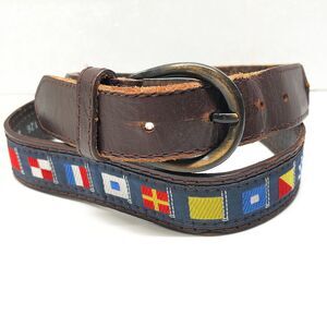 Vtg Pierre Carlini Mens Nautical Flag Blue Ribbon Brown Leather Belt Size 38 M